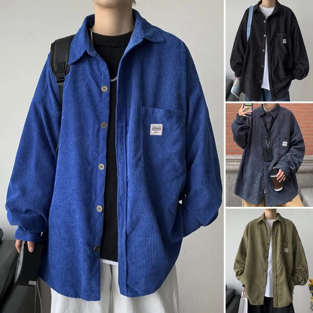 

Corduroy Men Spring Autumn Shirt Single-breasted Lapel Long Sleeves Solid Loose Korean Style Harajuku Vintage Clothes Streetwear