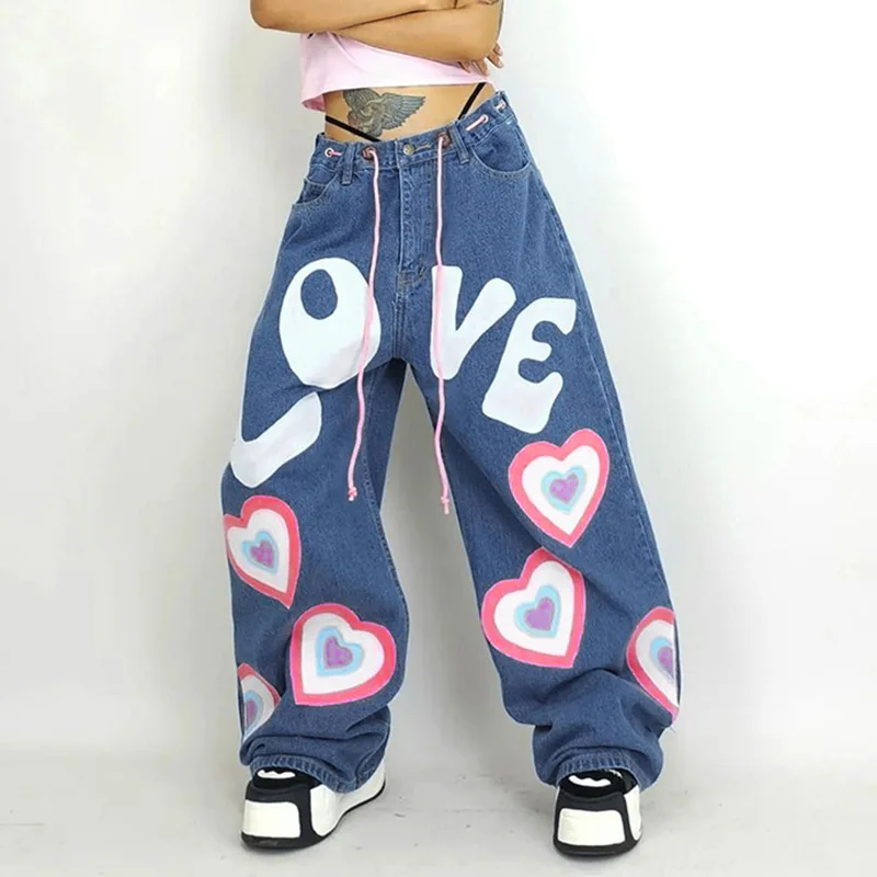 American Vintage Street Love Print Jeans Women 2023 Summe Loose Pendant Loose Plus Size Wide Leg Straight Pants Casual Trousers