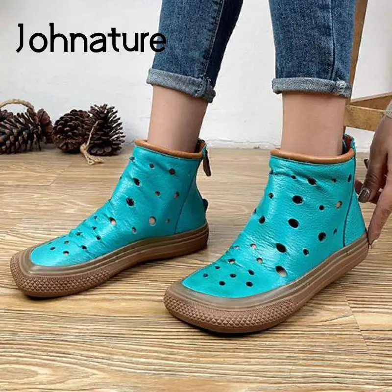 

Johnature Retro Shoes Women Sandals Genuine Leather 2022 New Hollow-out Zip Candy Colors Handmade Concise Leisure Summer Boots