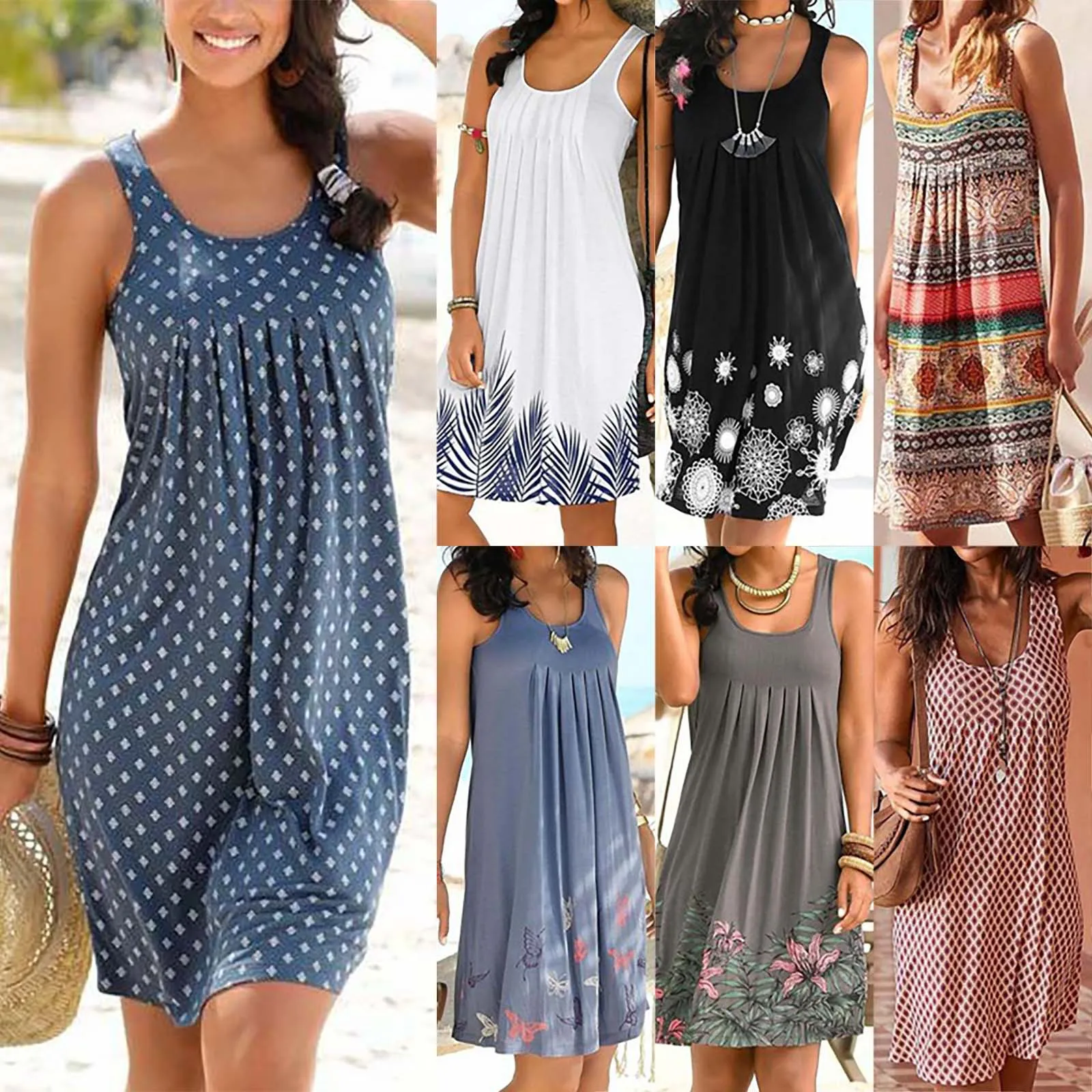 

2022 Summer European and American new sleeveless round collar temperament wind printed women's dress Korean version