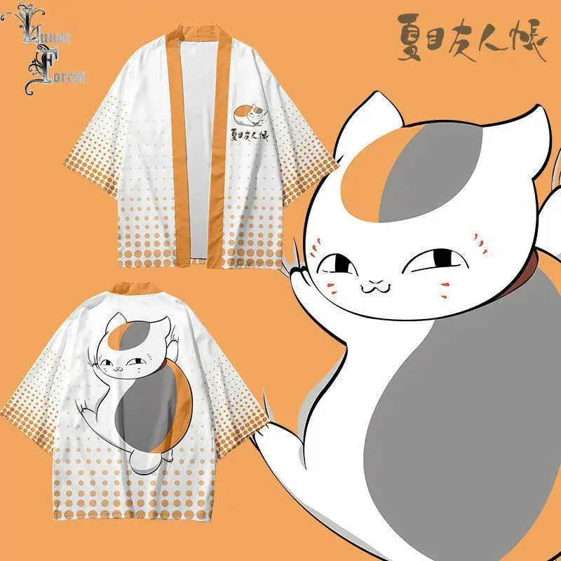 

Natsume Yuujinchou Nyanko Sensei Print Japanese Kimono Haori Yukata Cosplay Fashion Summer Casual Cool Short Sleeve Streetwear