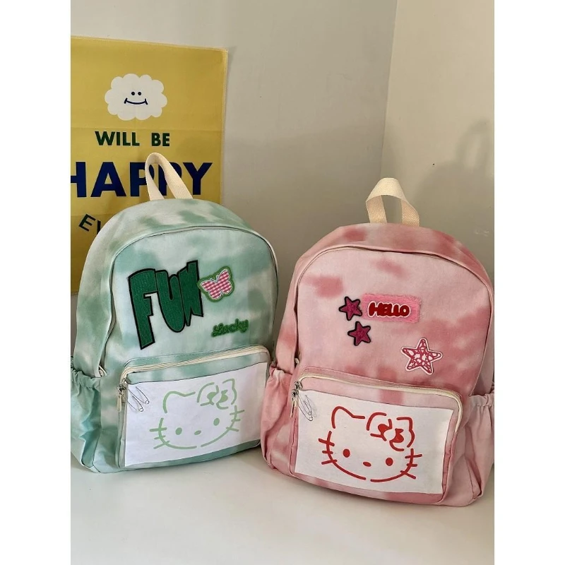 Homemade Summer Cute Retro Girl Hellokitty Tie-Dyed Contrast Color Texture College Backpack Sanrio Schoolbag Large Capacity