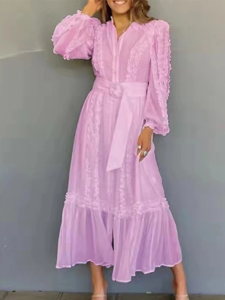 

Fashion Runway 2022 Spring Party Long Dress Women Pink White Green Single Breasted Edible Tree Fungus Belt Elegant