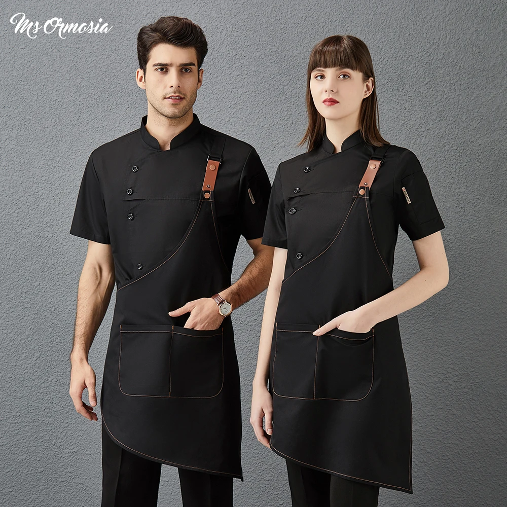 

Summer Chef Jackets Short Sleeved Kitchen Clothes Can Hanging Apron Restaurant Uniforms Unisex Catering Cook Coat Bakery Overall