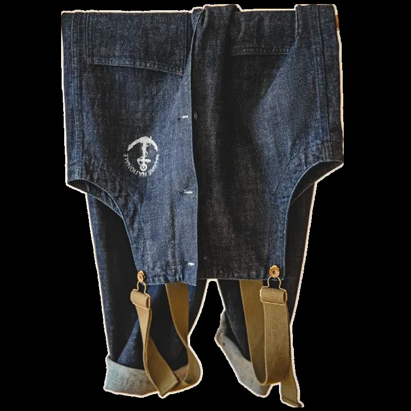 Retro Cargo Overalls Navy Deck Denim Bib Overalls Washed Denim Straight Jeans Japanese Men's Pocket Jumpsuit Trendy Street Wear