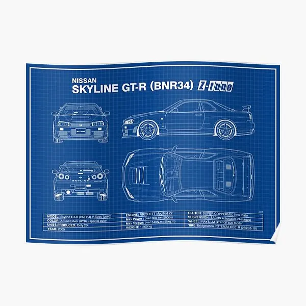 

Blueprint Nissan Skyline Gt R R34 Z Poster Wall Decoration Mural Print Vintage Art Modern Painting Home Funny Room No Frame