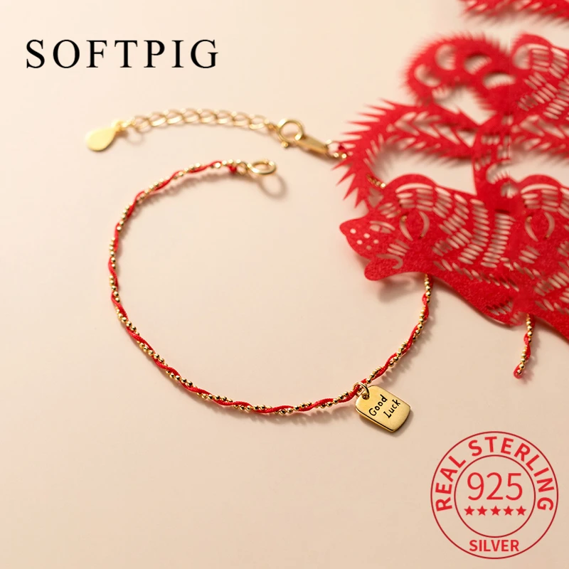 

SOFTPIG Real 925 Sterling Silver Lucky Square Red Rope Bead Chain Bracelet for Women Cute Fine Jewelry Minimalist Accessories