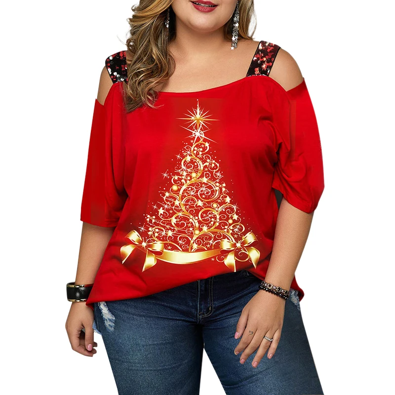 Women's Plus Size T Shirt Christmas Tree Printed Painting Off Shoulder Short Sleeve Oversized Tee Peplum Tops Women Ropa Mujer