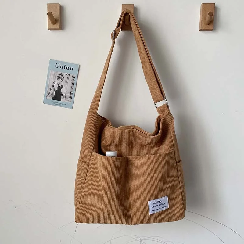 

Corduroy Tote Bags for Women 2022 Leisure College Style Shopper Shoulder Bag Multipocket Large Capacity Designer Handbags