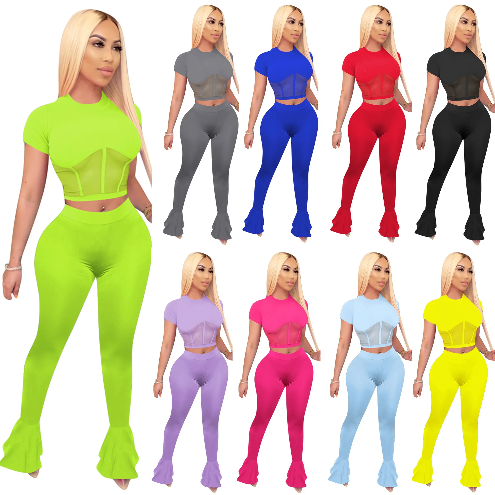 

Оптовая продажа товаров для бутика одежда сетчатая сексуальная одежда из 2 предметов топ с коротким рукавом спортивные расклешенные женски...