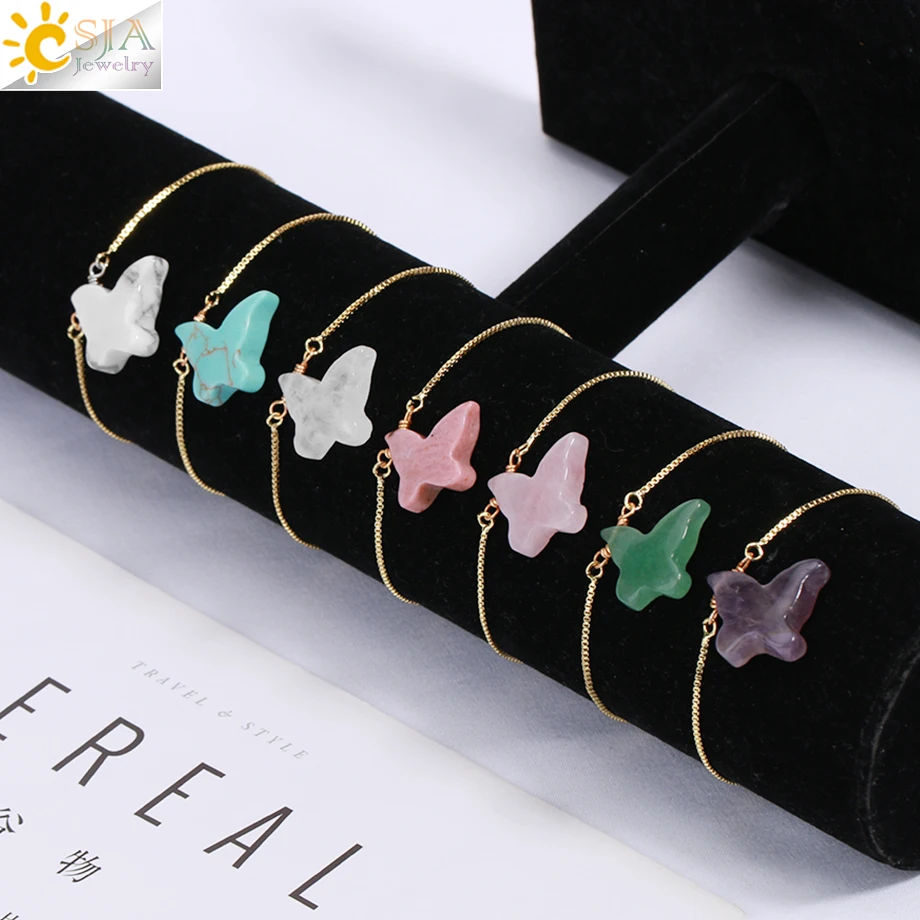 

CSJA Butterfly Crystal Beads Bracelet for Women Gold Color Stainless Steel Bangle Natural Stone Bracelets Trendy Jewelry H172