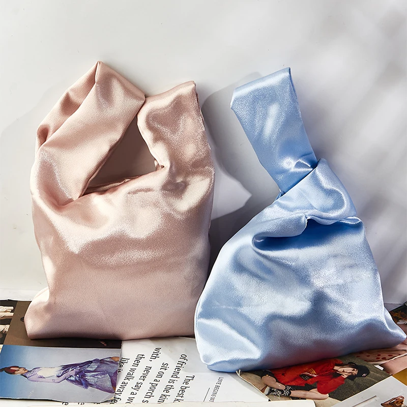 Japanese Silk Coin Wallet Purse Tote Handbag Wrist Bag Knot Bag Folding Bags Women's Tote Solid Color Storage Bag