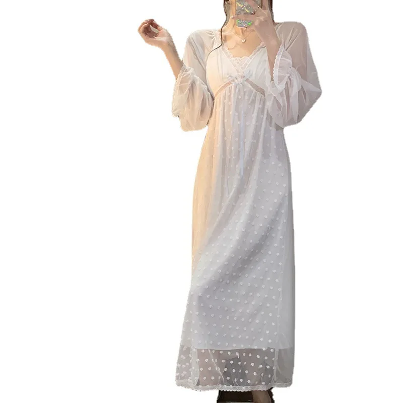 Lace Hollow Out Nightgown With Breast Pads Women Sleep Dress Summer Perspective Nightwear Kimono Dressing Gown Lounge Wear
