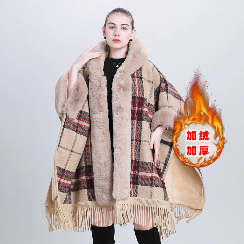 Women Winter Lining Velvet Thicken Knitted Loose Poncho Capes Tassel Cloak With Hat Fur Collar Warm Striped Long Streetwear Coat