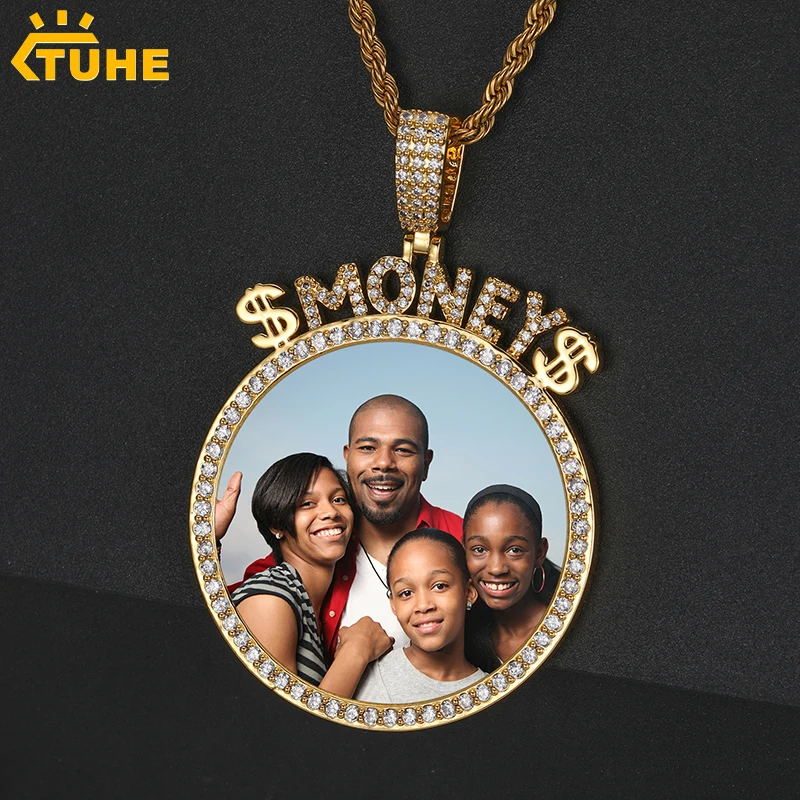

TU HE MONEY Round Memory Medallions Custom Photo Pendant Necklace Women For Men Hip Hop Jewelry Pendant Name Gift