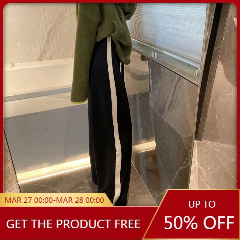 

High Quality Autumn and Winter Female Niche Fashionable Two-sided Contrast Stripes Knitted Wide-leg Casual Pants Wool Trousers