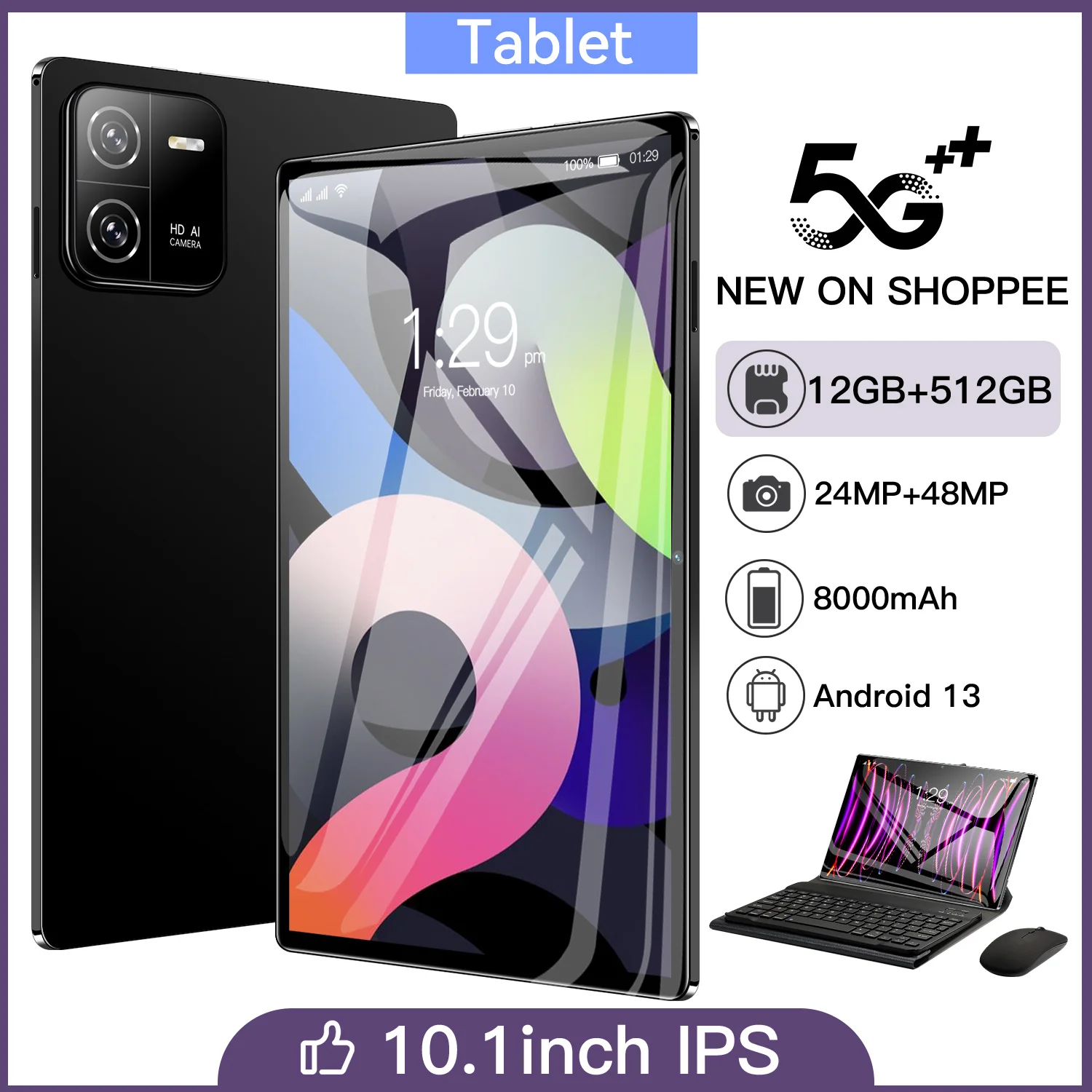 

2023 NEW 10.1 Inch Android Tablet Android 13 12GB +512GB Deca Core 8+13MP WPS+5G WiFi Bluetooth Dual SIM Phone Call Tablet Pc