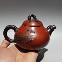 6 chinese yixing zisha pottery bamboo leaves bat belssing kettle teapot flagon red mud gather fortune office ornaments