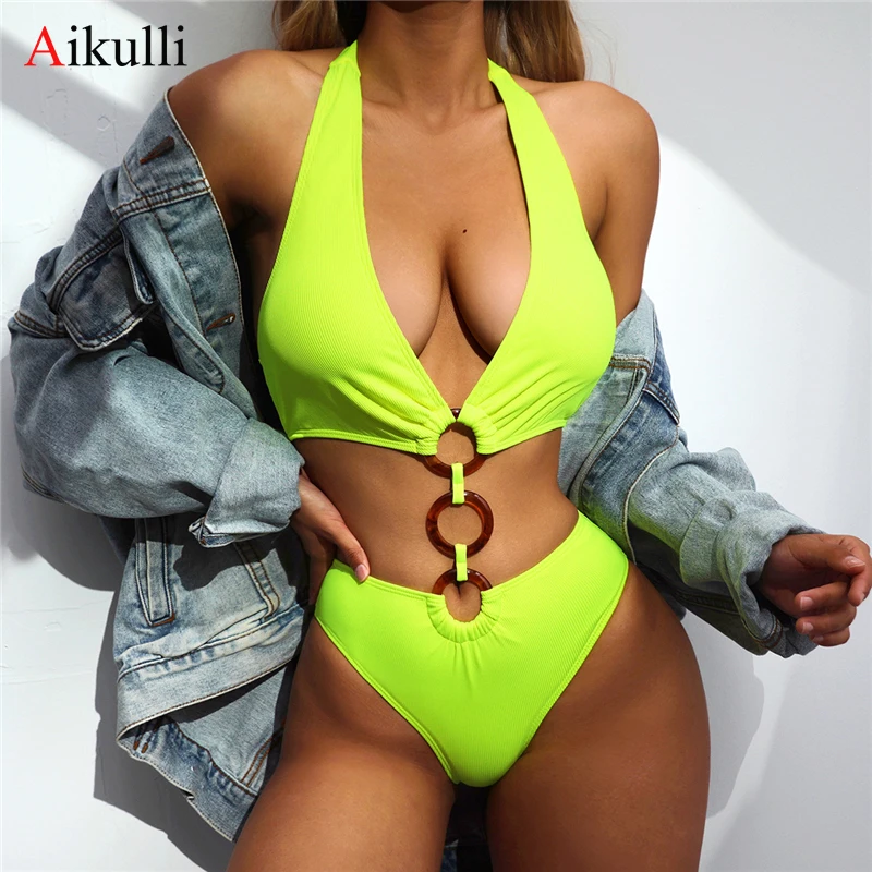 

2022 Sexy Halter Ring Hollow One-Piece Swimsuits Women's Backless Swimwear Summer New beachwear Monokini Bodysuit Bathing Suits