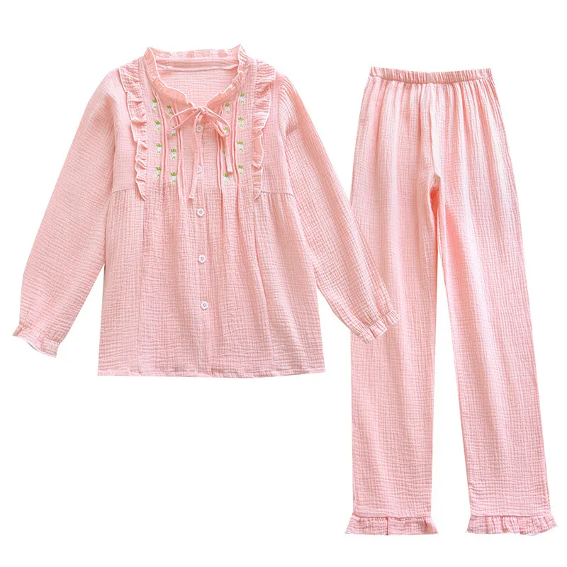 

Японские хлопковые пижамы, летние двухслойные газовые женские тонкие кардиганы с длинным рукавом, домашний костюм, пижамный комплект на ве...