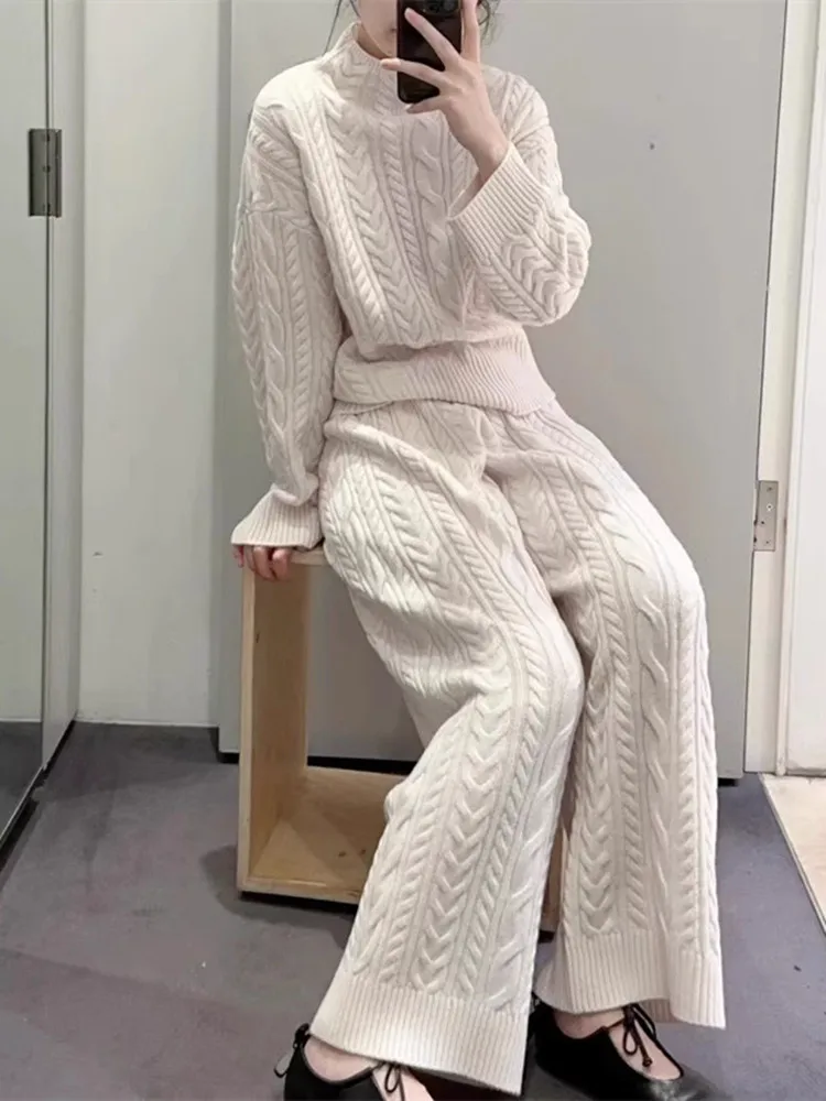 Женский витой вязаный костюм 2024 осень-зима полуводолазка пуловер или прямые