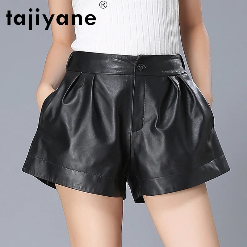 Tajiyane Genuine Leather Shorts Women 2021 Autumn New Sheepskin Leather Pants Elastic Waist High Waist  Wide Leg Pants FCY157