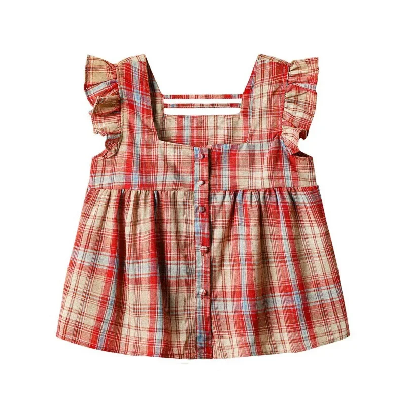 SweetOuter Wear клетчатый топ женская рубашка с квадратным воротником и короткими