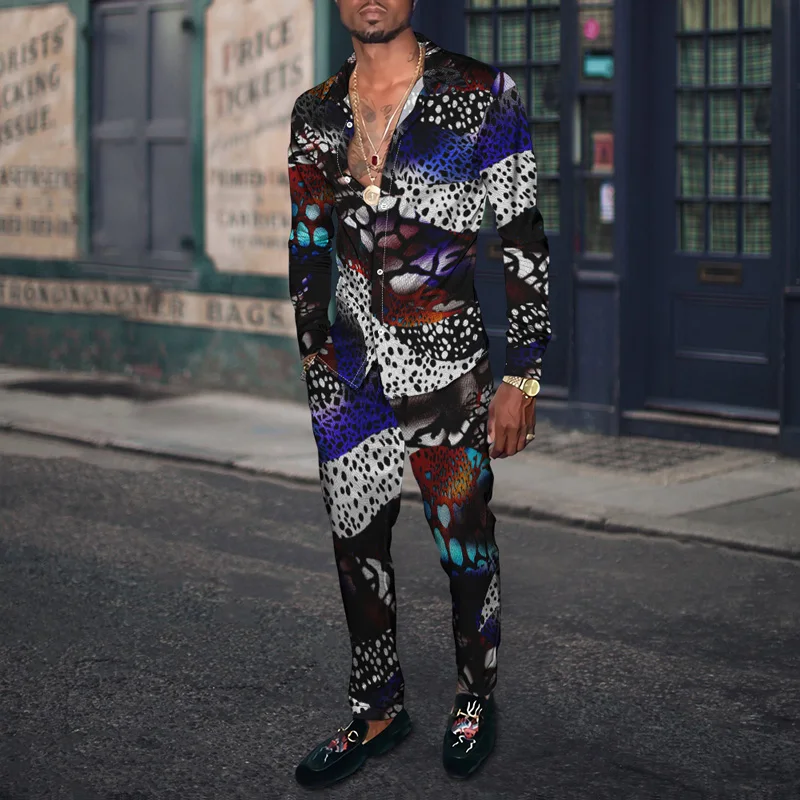 Spring Men's Gentleman's Shirt + Pants Suit Animal Snake Pattern 3D Harajuku Long-Sleeved Shirt Trousers Two-Piece Casual Wear