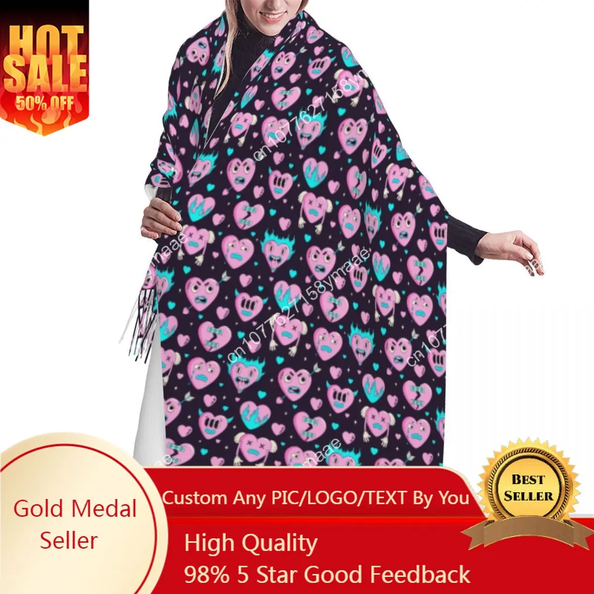 

Custom Lady Long Y2k Neon Pattern Hearts And Elements Scarves Women Winter Fall Thick Warm Tassel Shawl Wraps Versatile Scarf