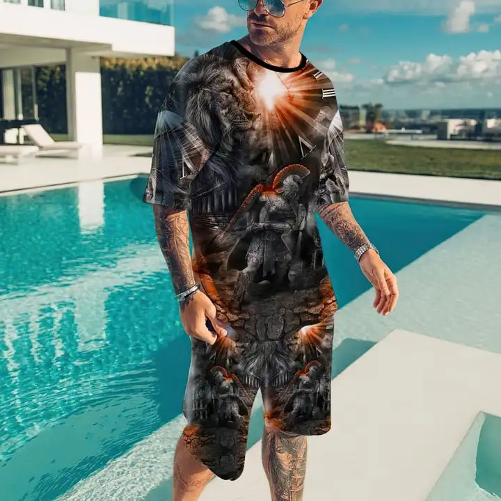 Men's Short Sleeve Set Fashion Men's Set 3D Shirt+shorts Set Two Piece Casual Men's Sportswear Set Summer Pant Closure Type