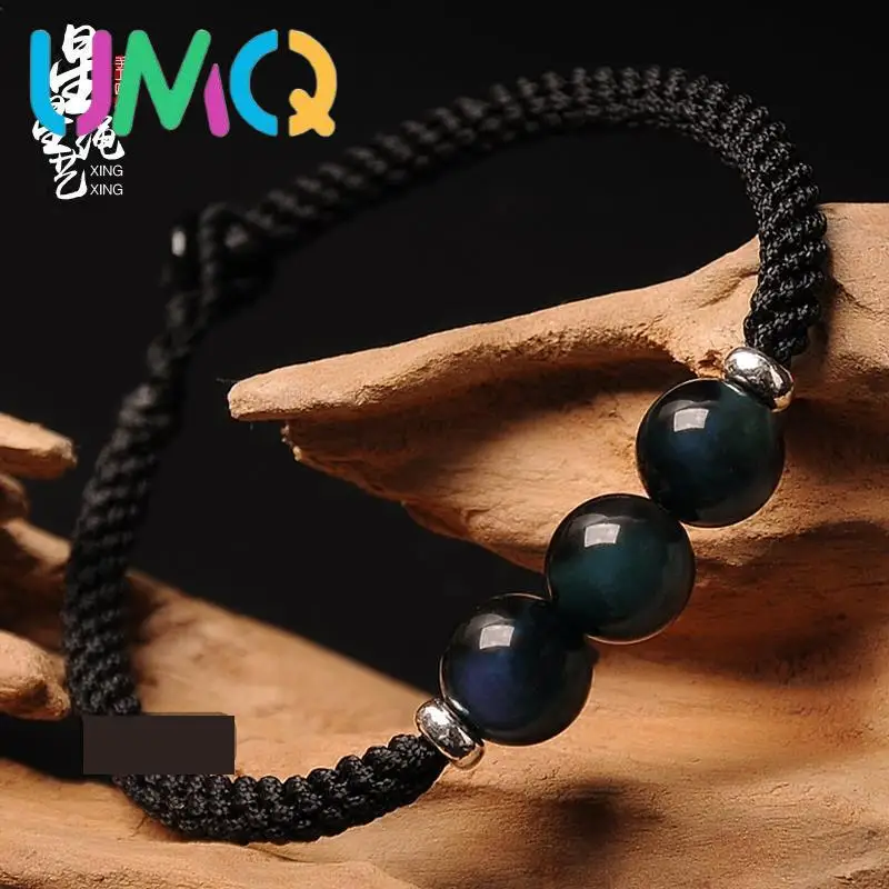 

Transshipment and Exorcism Natural Obsidian Red Black Rope Bracelet Men's Silver Hand Woven Thick Women's Couple Crystal Jewelry