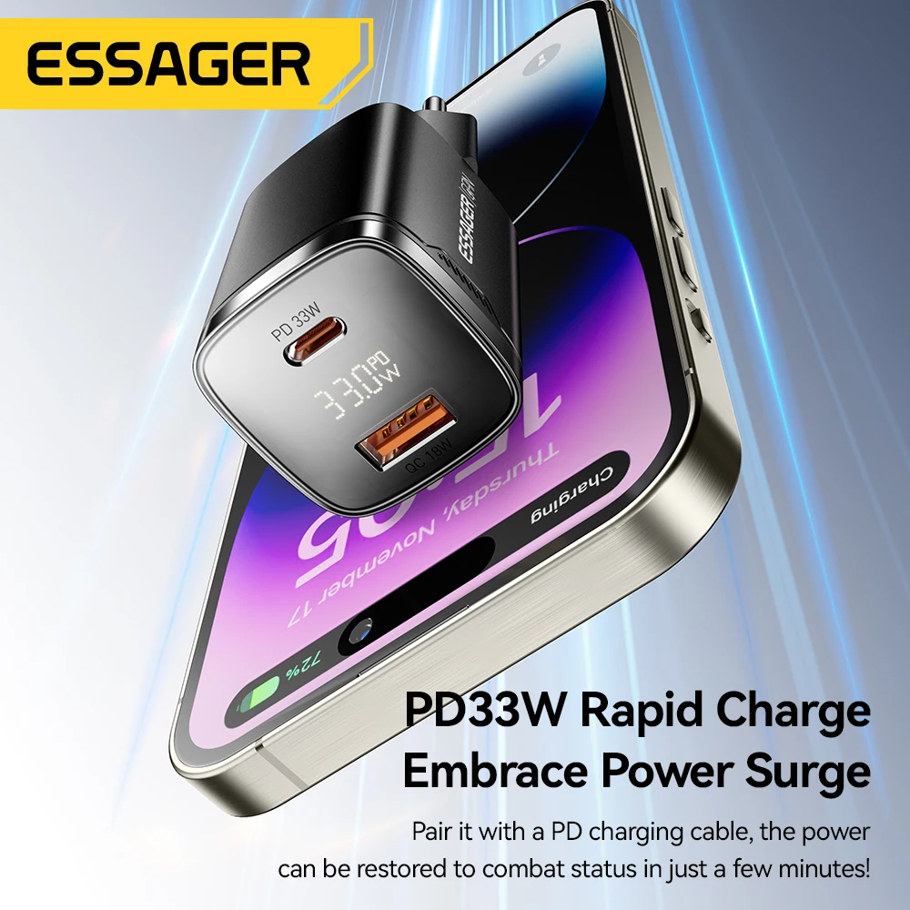 Фото Essager 33 Вт GaN USB Type C Зарядное устройство с цифровым дисплеем PD Быстрая зарядка для iPhone 16 15 14 Pro Max iPad Mini 6 Xiaomi Samsung S22 №2