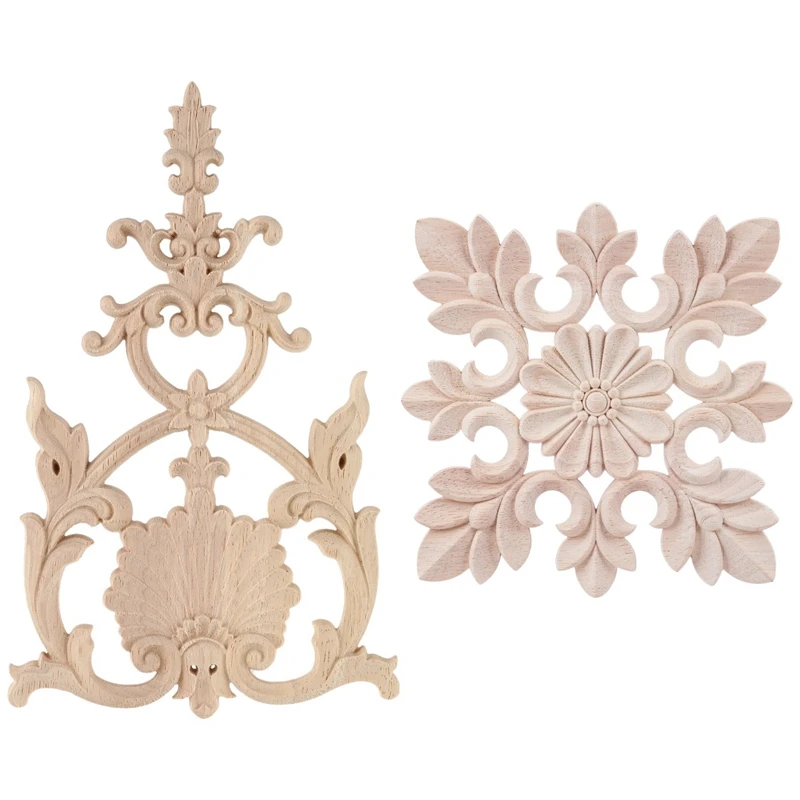 

2 Pcs Rubber Wood Carved Applique Vintage Furniture Craft Decor, No.H & No.C