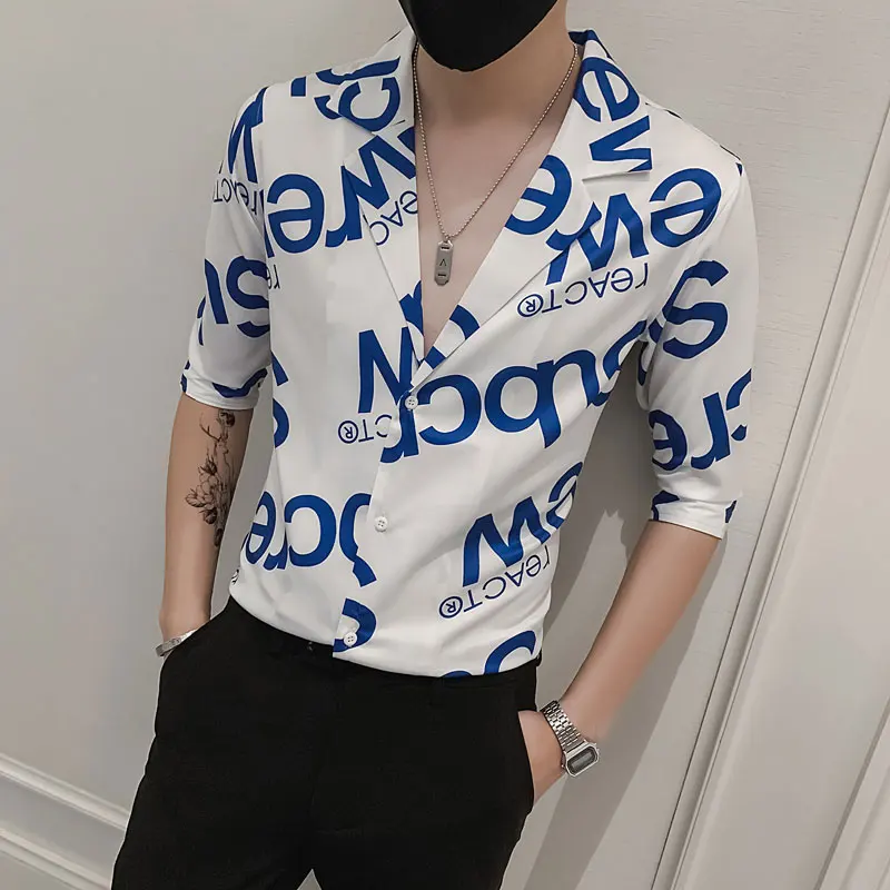 Full Letter Print Shirts for Men Summer Half Sleeve Slim Fit Casual Shirt Fashion Suit Collar Male Tops Streetwear Chemise Homme