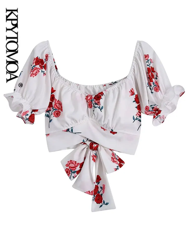 

KPYTOMOA Women Fashion With Tied Bow Floral Print Cropped Blouses Vintage Short Sleeve Backless Female Shirts Blusas Chic Tops