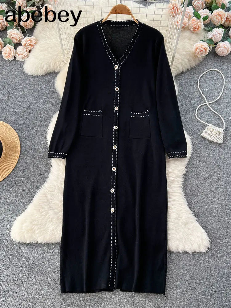 

Sweaters Long Sleeves Dresses for Women Party Pullovers 2022 New Autumn Winter Button Skirts Ladies Female Clothing