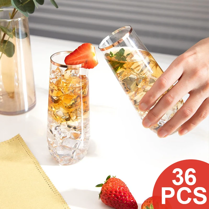 

36Pcs Stemless Plastic Champagne Flutes 9Oz Disposable Red Wine Glass Clear Unbreakable Toasting Glasses Wedding Party Supplies