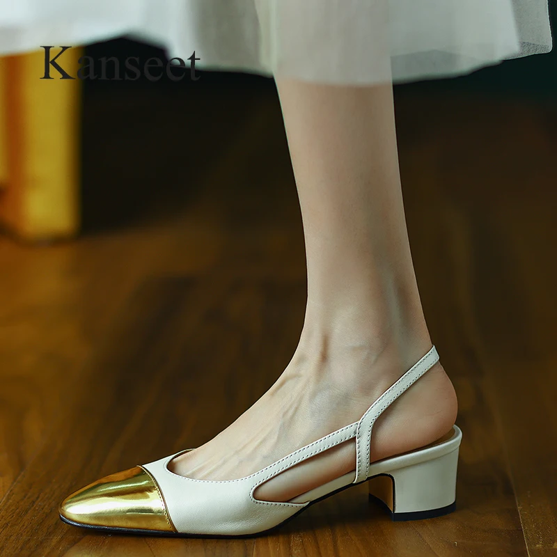 

Kanseet Women Sandals New Summer Cow Leather Shoes Fashion Patchwork Handmade Round Toe Party Dress Mid Heels Ladies Footwear
