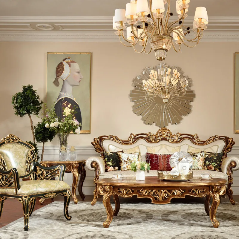 

Изготовленный на заказ Европейский диван французский полностью твердый деревянный резной котелок паркет чайный столик вилла гостиная комбинация