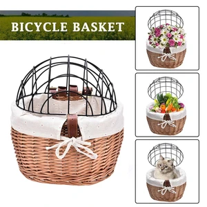 Cat Dog Bicycle Basket Hand-woven Good Water Resistance Pet Carry Bag Wicker Bicycle Basket Front Handlebar Bike Storage Basket