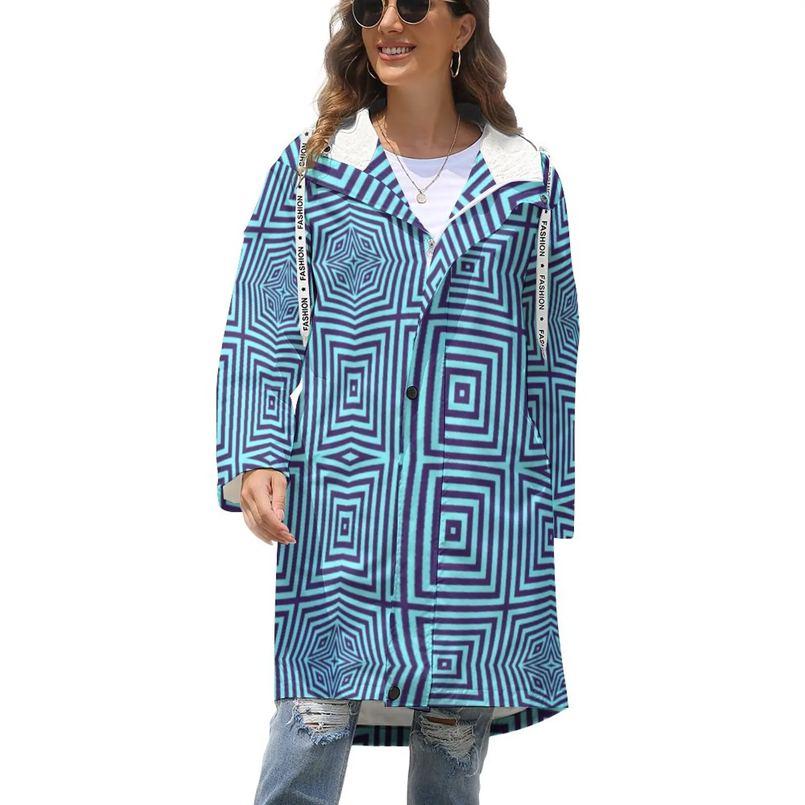 

Mint Geometry Warm Trench Coats Ladies Abstract Art Winter Coat Aesthetic Outerwear Pattern Zip Up Windbreaker Big Size 4XL 5XL