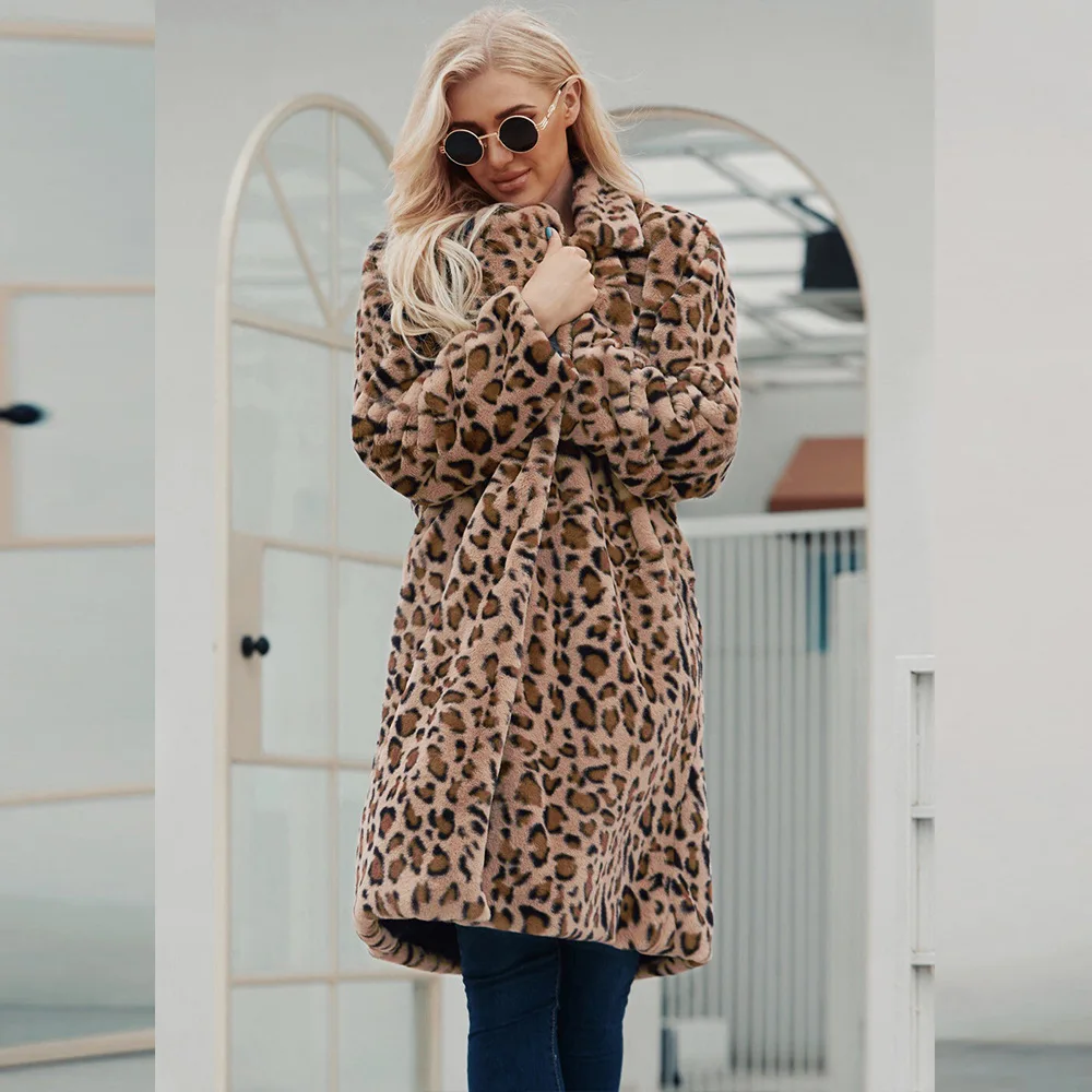Long Leopard-print Suit Collar Faux Fur Coat Women's Casual Coat Autumn  Winter Fashion  Winter Jacket Women  Coats for Lady