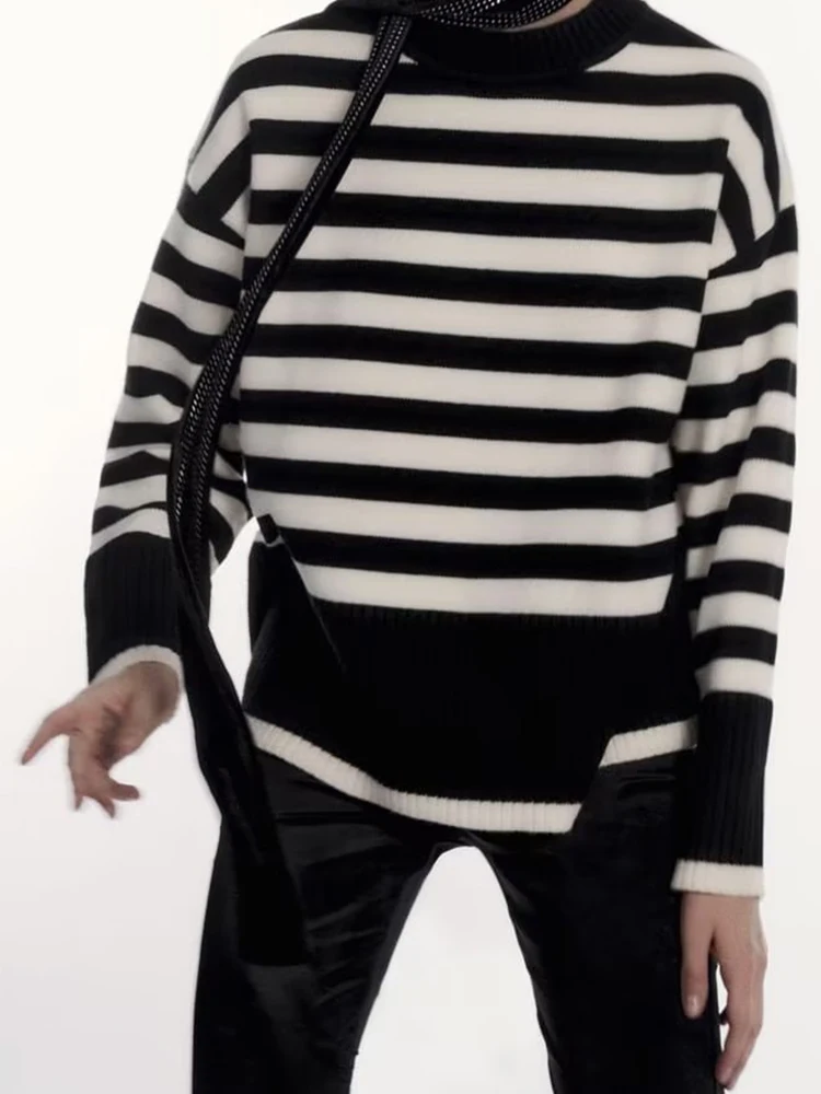 

Women Vintage Striped Knit Sweater O Neck Long Sleeve Female Loose Pullover