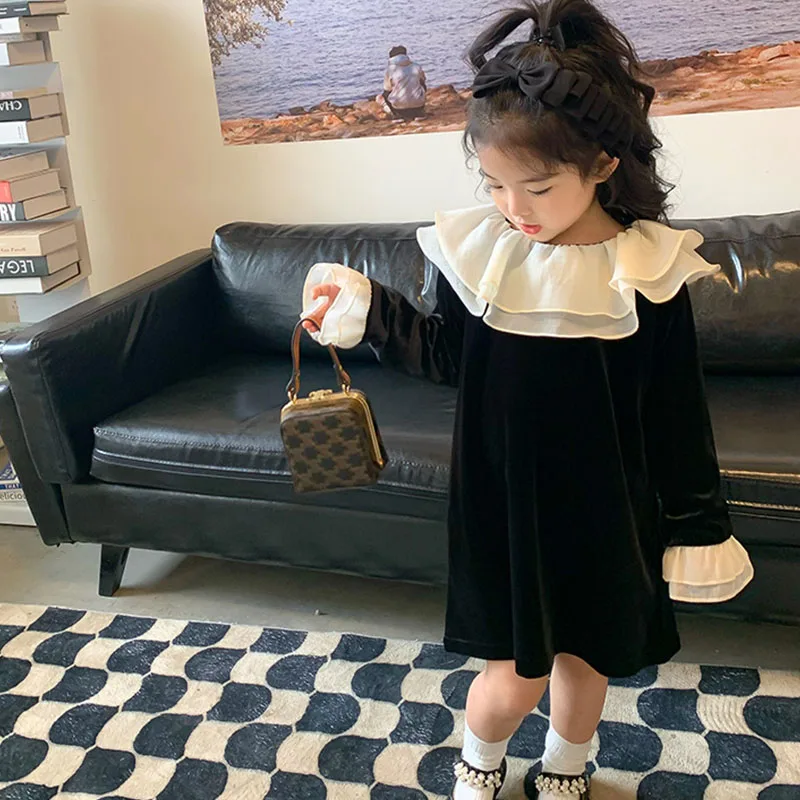 

Autumn Velvet Baby Little Girls Flare Sleeve Dress Long Sleeve Casual Dresses For Girls Spring Clothing Big Ruffles Collar