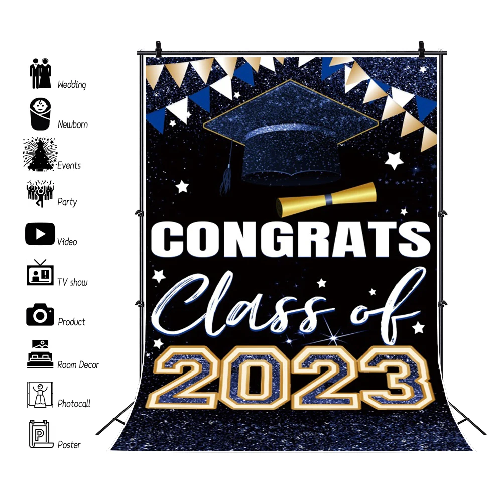 

Class of 2023 Graduation Backdrop Glitter Gold Blue Congrats Grad Bachelor Cap Graduates Photography Background Party Decoration