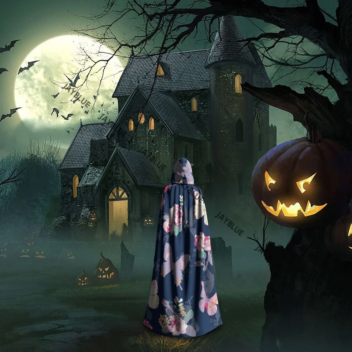 Плащ для взрослых накидка с капюшоном роза бабочкой на темно-синем фоне