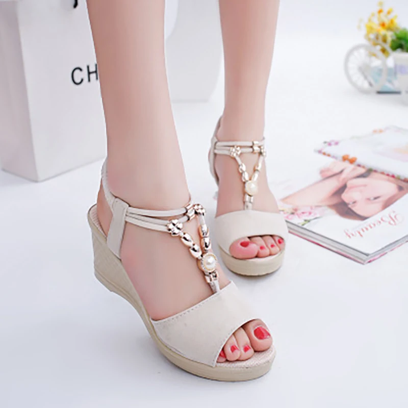 

Fish Mouth Open Toe Sandals Ladies Anti-Slip Platform Wedge Beaded High Heels Sexy Summer Style