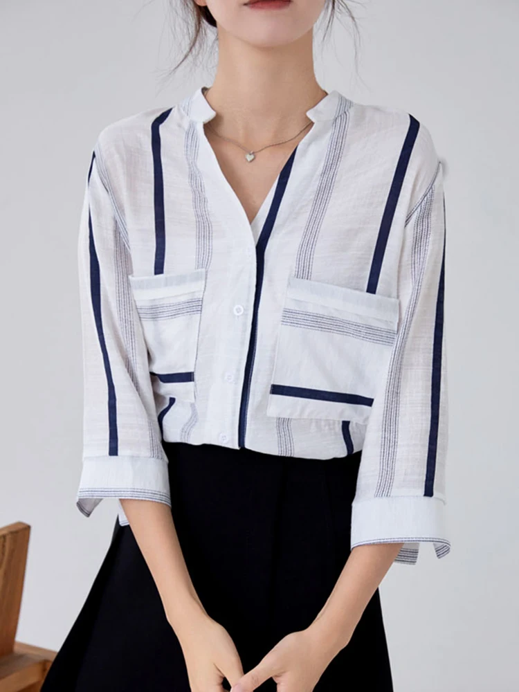 

Blusas Mujer Women Striped Blouse Shirt Pockets Three Quarter Top Summer Fashion Woman Clothing V Neck Chemise Femme 2022