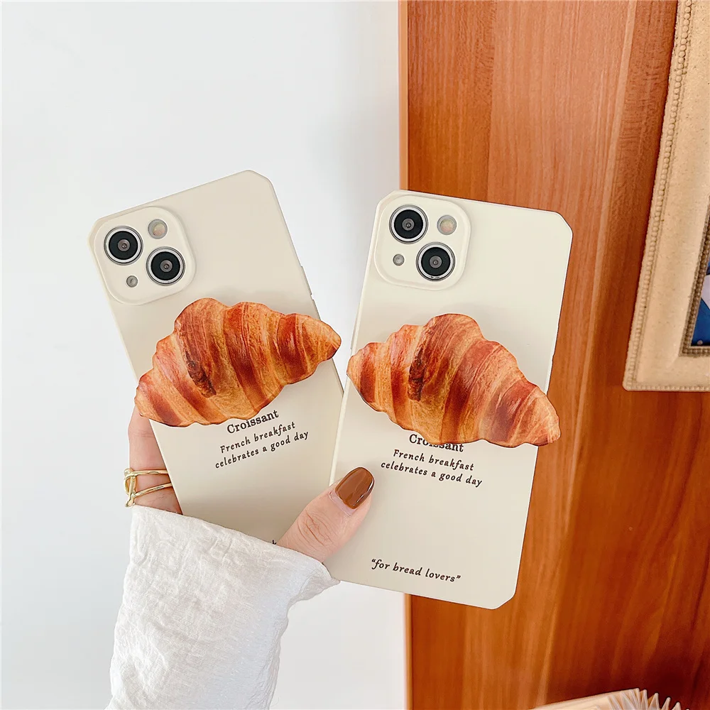 

INS Korean Letter Croissant Bread Bracket Soft Case For IPhone 7 8 Puls X XR XS 11 12 13 Pro Max Lovely Protection Back Cover