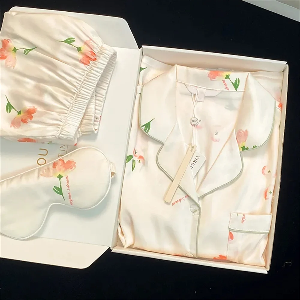 

2 Piece Women Set Spring Summer Short Sleeve Pajamas for Woman Silk Fashion Sleepwear Flowers Bird Print Sexy Satin Pajama Set